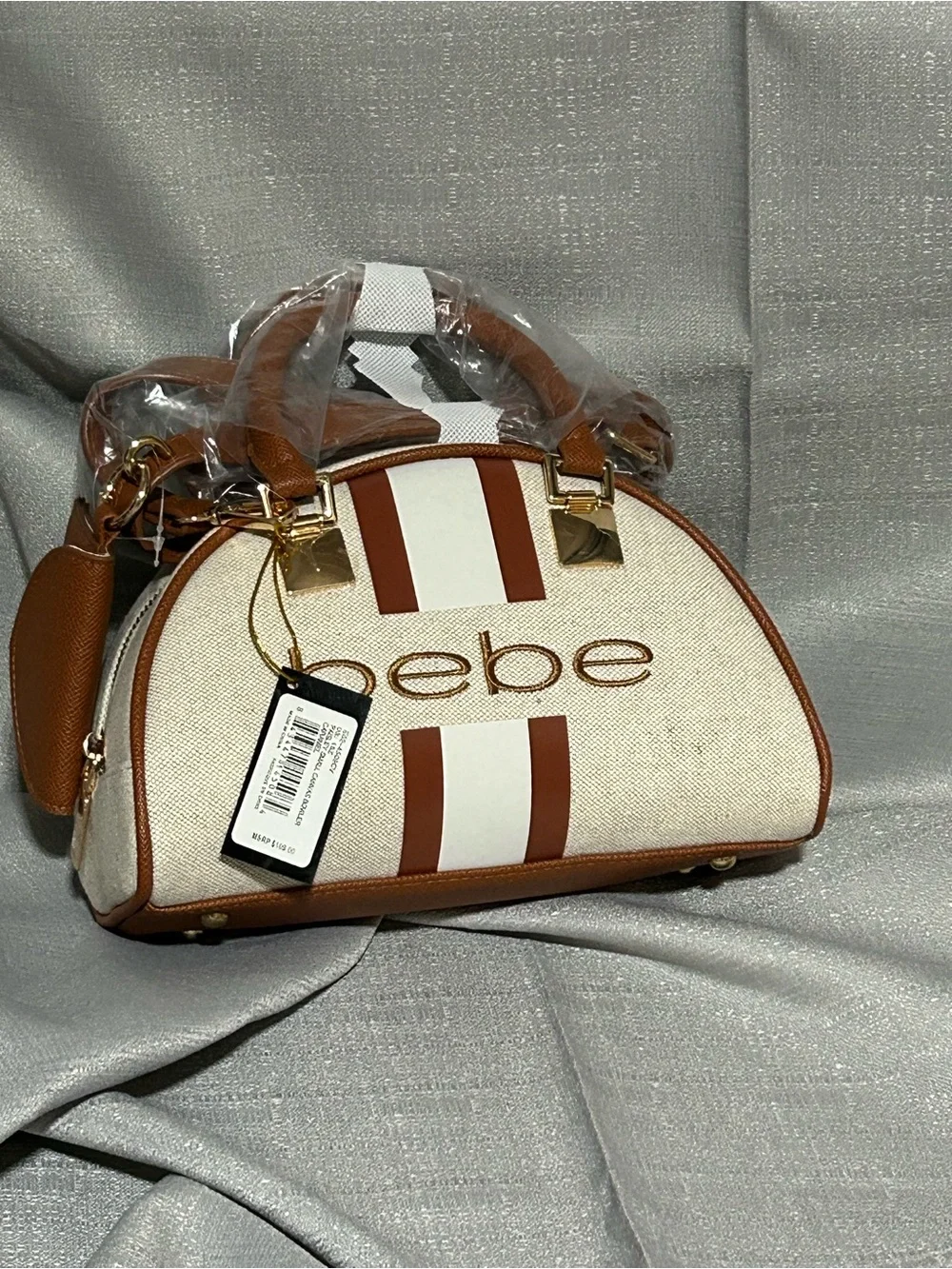 bebe Cream & Brown Dome Satchel with Striped Center